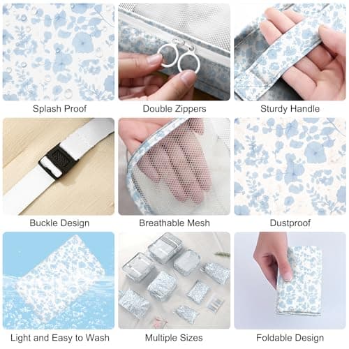 10pcs Packing Cubes for Suitcases, Travel Organiser Packing Bags for Clothes Shoes Toiletries Travel Luggage Organizers Storage Bags (blue flower) — view 4