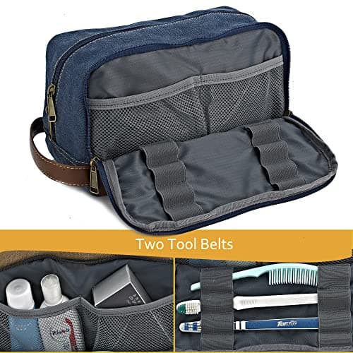 Seemeroad Travel Toiletry Bag for Men and Women, Canvas Toiletry Organizer Water-Resistant Vegan Leather, Hanging Dopp Kit Shaving Bag for Toiletries Accessories (Blue, Large) — view 2