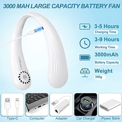 LYMYBETY Portable Neck Fan, Rechargeable Hanging Bladeless Hands Free Fan with 3 Speeds, 3000 mAh Battery Operated Wearable Personal for Men Women Kids Home Office Travel Outdoor (White, T36) — view 5