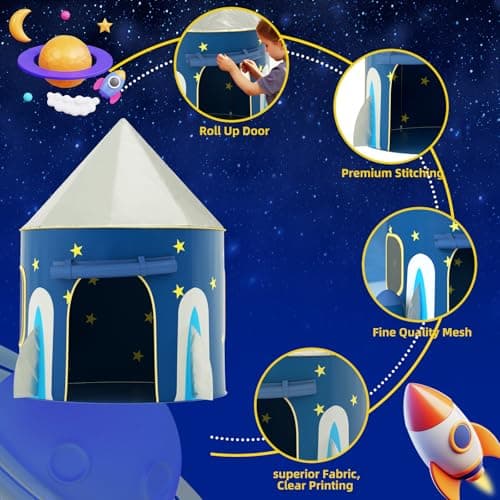 KORIMEFA Rocket Ship Play Tent for Kids Age 1-8, Blue, 105x105x135cm — view 3