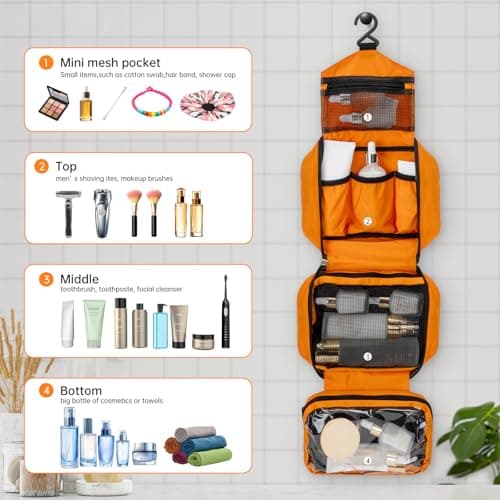 Boic Hanging Toiletry Bag Waterproof, Large Man Wash Bags for Men, Orange,L — view 4