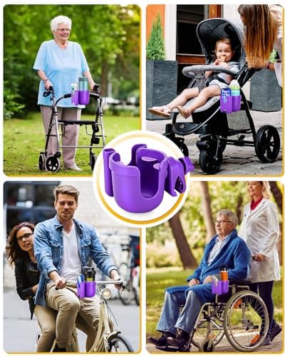 Universal Stroller Cup Holder with Mobile Phone Case, 2-in-1 Strollers Storage Rack, 360 Degrees Rotation Drink Holder for Bike, Pushchair, Wheelchair, Walker,Bicycle, Fits Most Cups (Purple) — view 4