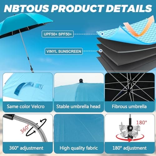 ConBlom 2 PACK Chair Umbrella with Universal Clamp, 360 ° Adjustable UPF50+ Umbrella for Stroller, Patio Chair, Wheelchair, Camping Chair, Golf Carts (Light Blue) — view 3