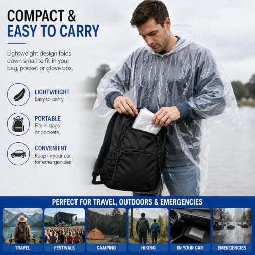 IQONEQ 2 Pack Waterproof Rain Poncho, Adult Emergency Raincoat (UK, Alpha, One Size, Regular, Regular, Clear) — view 5