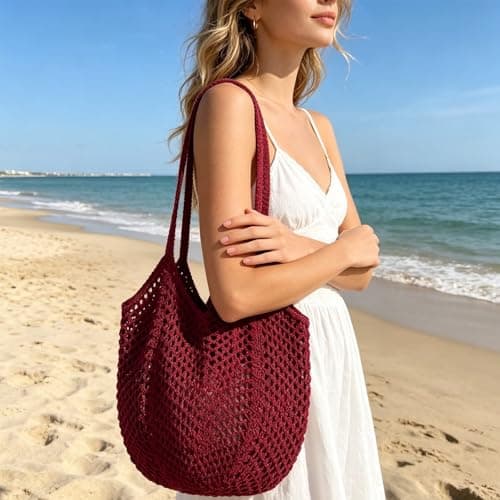 Openwork Mesh Crochet Straw Tote Bag for Women, Large Woven Hobo Handbag, Simple Summer Beach Bag (Red) — view 5