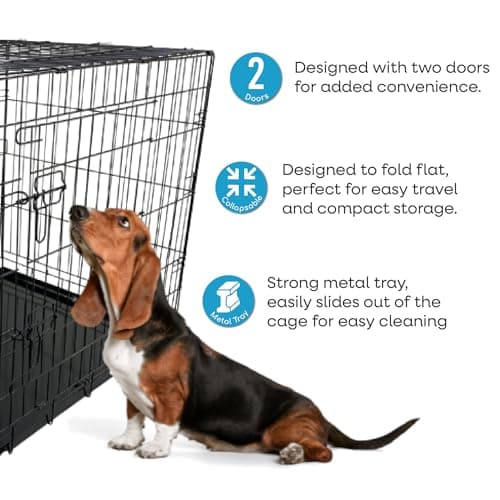 HugglePets Blue Metal Dog Puppy Cage Foldable Small 61cm Dual Door with Locks, Car Home and Travel Crate — view 5