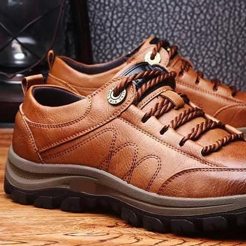 Leather Walking Shoes Men Lace Up Hiking Trainers Non-Slip Trekking Sneakers Wide Fit Mountain Trainers Low Rise Camping Sneakers Waterproof Backpacking Climbing Shoes Footwear Outdoor Coffee — view 6