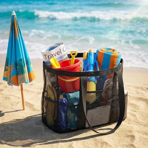 SINJAETRQ Mesh Beach Storage Bag with Multiple Pockets, Black Mesh Tote for Swimming Beach Travel, Large Capacity Sandproof Organizer 55×40cm with Reinforced Handles — view 2
