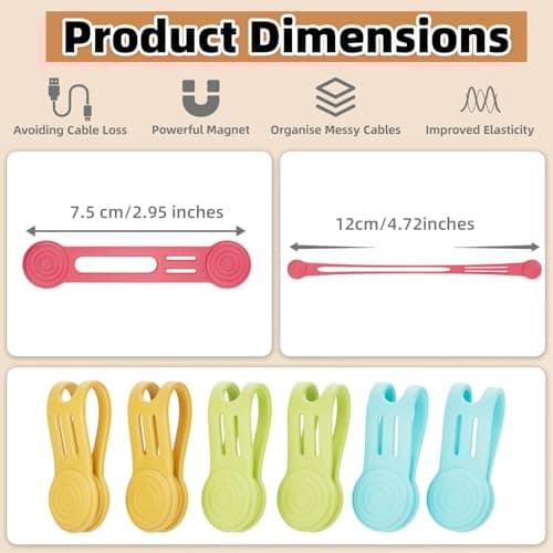 Reusable Magnetic Cable Ties, Strong Silicone Cord Organiser & Cable Tidy with Anti-Loss Hole for Desk Wire Bundling, Earphones, 8-Pack (4 Assorted Colours) — view 2
