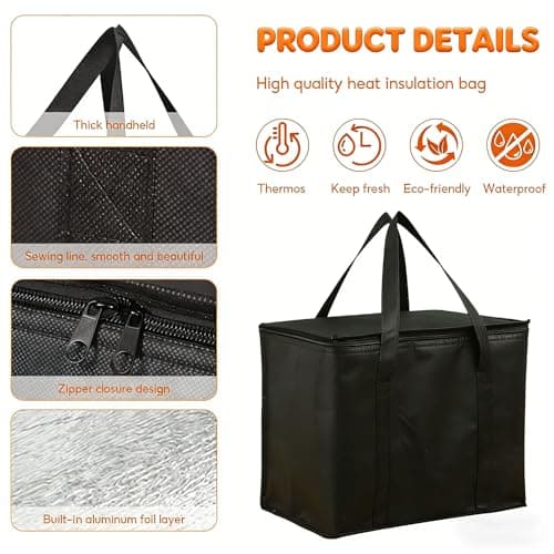 2 Pack Insulated Cooler Bags, Medium Thermal Lunch Bag for Hot Food Delivery with Dual Zippers, Reusable Foldable Picnic Tote for Camping BBQ Beach Grocery Shopping (30x25x25cm Black) — view 3