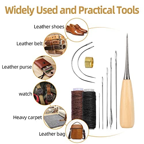 Tinsellns 11Pcs Leather Repair Kit, Leather Stitching Kit with Waxed Thread Sewing Needle, Needle and Thread Kit for Leather Bags, Sofas, Wallets, Black,Brown — view 4