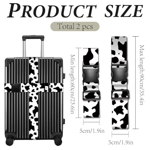 CREATCABIN 2Pcs Cow Print Luggage Straps Adjustable Suitcase Strap Black White Polyester Heavy Duty Travel Carry on Suitcases Connector Hold Buckle Belt for TSA Approved Accessories 70.9 x 2 — view 2