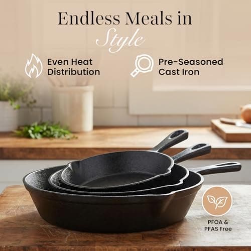 nuovva Pre-Seasoned Cast Iron Skillet Frying Pans Oven Safe Cookware for Indoor & Outdoor Use - Grill, StoveTop, PFOA & PTFE Free (3-Piece Chef Set 6-Inch 15cm, 8-Inch 20cm, 10-Inch 25cm) — view 5