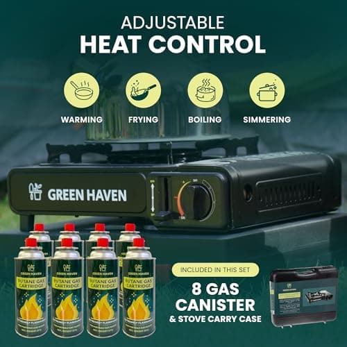 GREEN HAVEN Black Portable Camping Stove with Cary Case & 8 Butane Gas - Premium Camping Gas Stove, EN417 Compliant, Portable with Automatic Ignition & Heat Control — view 3