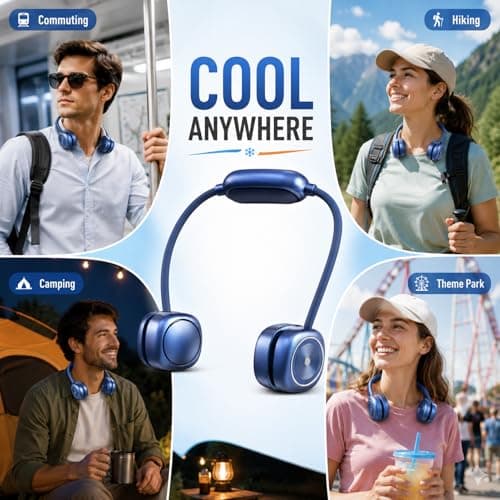 LUCYLANKER Foldable Neck Fan, Portable Neck Fan Rechargeable, Bladeless Quiet 360° Adjustable Personal Fan, 3 Speeds Hands Free Wearable Fan for Travel, Walking, Camping, Office, Navy Blue — view 6