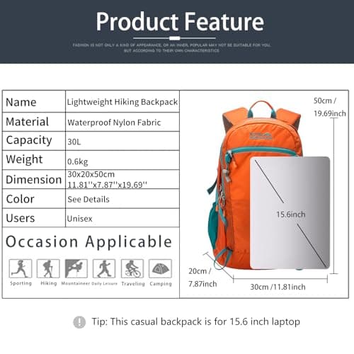 Lightweight Hiking Backpack, 30L Women/Men Waterproof Travel Rucksack Bag with Rain Cover, Outdoor Small Foldable Daypack for Student, Fit for 15.6 inch Laptop (Orange, 30l) — view 2