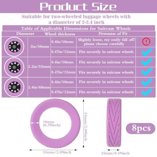 Ymapinc 8pcs Silicone Suitcase Wheel Protectors Purple, Wear-Resistant Anti-Noise Luggage Wheel Covers, Silicone Spinner Wheels Protectors for 2-2.4" Suitcase Wheels, Essential Travel Accessories — view 2