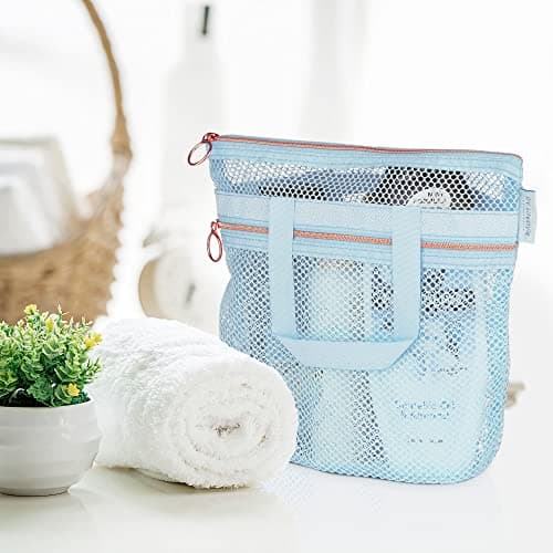 DV Lifestyle Mesh Shower Bag 25 x 26cm Caddy with Zipper & 2 Pockets. Quick-Dry Portable Toiletry Tote for Bathroom, Gym, Travel, Camp, Beach, for Sunscreen, Dorm & College Essentials (Blue) — view 3