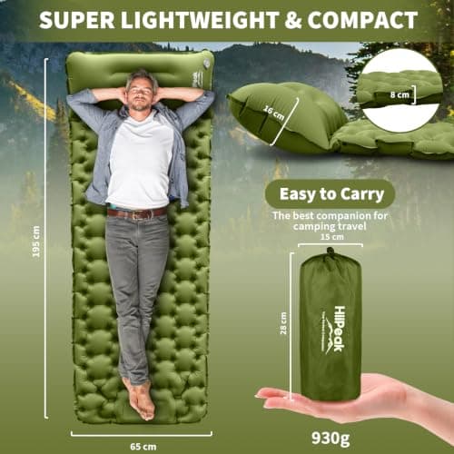 HiiPeak Camping Sleeping Pad, Ultralight Camping Mat with Pillow Built-in Foot Pump Inflatable Sleeping Pads Compact for Backpacking Hiking Traveling Tent (Green) — view 2