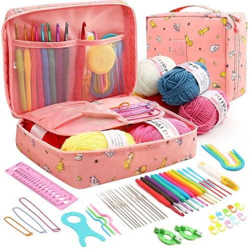 Crochet Kits for Beginners Adults,Crochet Hooks Set Includes Ergonomic Rubber & Metal Crochet Hooks, Knitting Accessories and Bag,UK Best Starter Beginners Crochet Kit and DIY Knitting Crochet-Pink