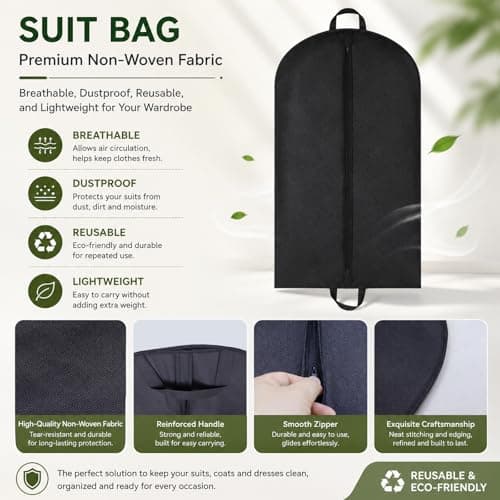Yelinosk 2 PCS Black Suit Bag for Man 60x120cm, Dust Cover, Carrier, Storage Bag for Coats, Tuxedo - Reusable Full Zipper Garment Bag for Travel or Home — view 4