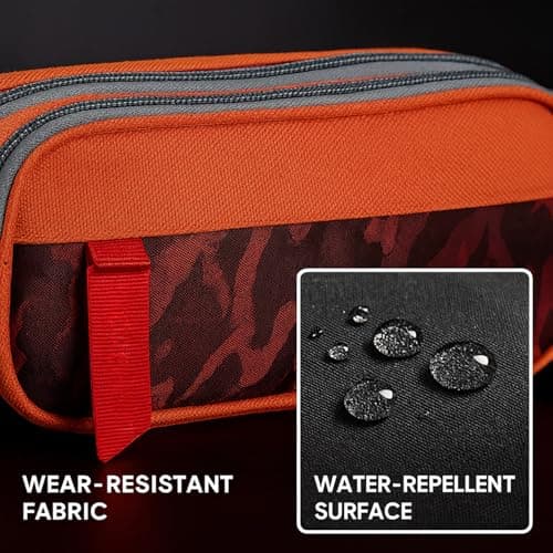RubyTint Portable Large Capacity Pencil Case – 3-Compartment Fabric Stationery Organizer for School, Office & Travel, Camouflage Pen Bag for Boys & Girls (Orange) — view 6