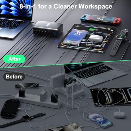 USB C Charging Station 600W GaN, 8-port Multiple ports USB C Fast Charger Hub with 5 USB-C + 3 USB-A, PD140W power supply Multi Charger compatible with laptop/MacBook/iPhone 15/16/Galaxy S24/S25 — view 6
