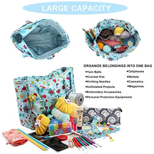 LOOEN Crochet Knitting Tote Bag - Empty Yarn Storage Organiser with Zipper & 10 Pockets (36x14x30cm), Travel Carrier for Hooks, Tangle-Free Wool Skeins, Alpaca Pattern Blue (Bag Only) — view 3
