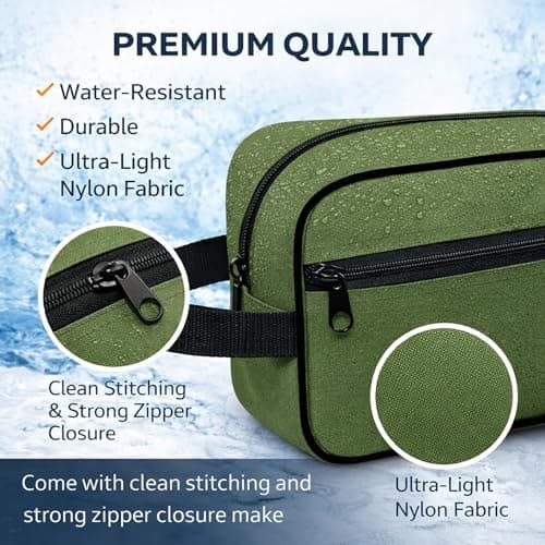 Water-Resistant Toiletry Bag for Men & Women - Lightweight Travel Wash Bag with Multiple Compartments, Compact Dopp Kit Cosmetic Organizer, Durable Nylon Shaving & Makeup Storage Case (Olive Green) — view 3