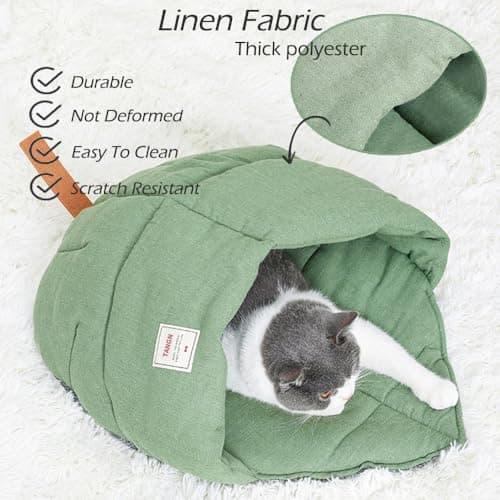 TANGN Cat Sleeping Bag, Linen Fabric Bed Cave Leaf Nest Pet Cuddle Zone Covered Hide Hood Burrowing Cozy Soft Durable Washable with Non-Slip Bottom for Indoor Puppy and Kitten (Green) — view 3