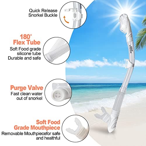 Dry Snorkel Set, Pano 3 Window Snorkel Mask, Anti-Fog Scuba Diving Goggles and Snorkel, Professional Adult Snorkeling Swim Mask Gear (Pearl White Set) — view 5