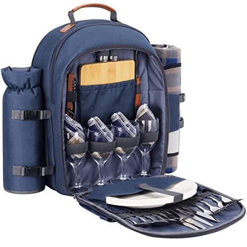 Sunflora 4 Person Insulated Picnic Backpack Rucksack with Blanket & Stainless Steel Tableware for Camping Picnic Hiking and BBQ (Navy Blue)