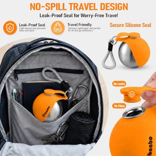 2 in 1 Portable Dog Water Bottle, Stainless Steel Pet Water Dispenser with Foldable Silicone Bowl for Walks Hiking & Travel, 285ML Pet Water Bottle for Small Dogs, Orange — view 5