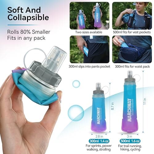 MARCHWAY Soft Hydration Flask with Wide Mouth, 300ml/500ml Collapsible TPU Water Bottle, Leakproof Portable Flexible for Running, Hiking, Cycling, Climbing, Gym, Travel (2pcs Blue-Purple 300ml) — view 5