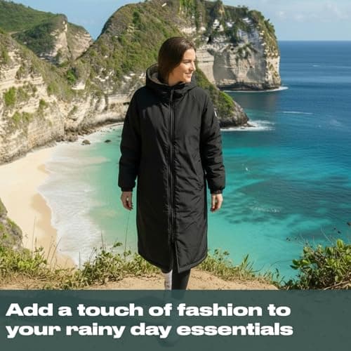 OHS Rain Coats for Women Men, Oversized Waterproof Jacket Fleece Lining Changing Robe with Hood & Pockets Lightweight Ladies Raincoat Drying Robe for Outdoor Travel, Black/Beige - L/XL — view 2