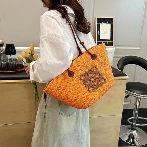 BTCHING Straw Tote Bag - Large Capacity Hand-Woven Beach Women's Bag - White — view 2