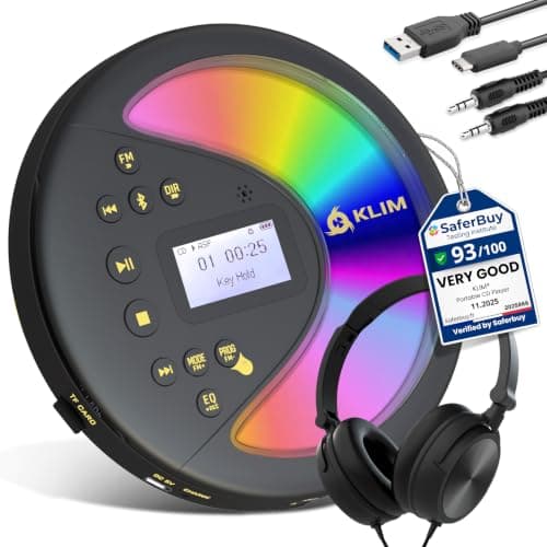 KLIM Discover with Headphones - Portable CD Player with Long-Lasting Battery - New - Radio FM - Compatible MP3 CD Player Portable - SD Card, FM Transmitter, Bluetooth - Ideal for Cars - Black/Gold