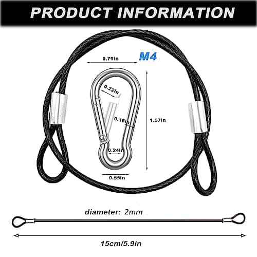 CKANDAY 20 Pack 6 Inch(15cm) Safety Stainless Steel Tethers with 4 Pcs Spring Snap Hook Clips, Steel Wire Cable with Loops Vinyl Cover Coated Short Rope Lanyard Lock Safety Tether Chains, Black — view 2
