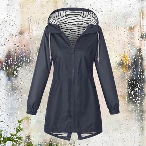 Gkojhj Womens Waterproof Jackets Lightweight Hooded Long Rain Coat Rain Jacket Ladies Functional Windbreaker Jacket Softshell Plus Size Breathable Hiking Outdoor Trench Coats — view 3