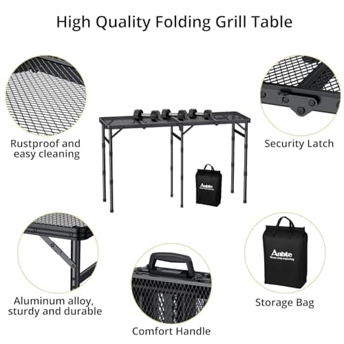 Anbte Folding Grill Table, 3 Adjustable Height Folding Camping Table with Heat-Resistant Mesh Tabletop, Lightweight Portable Handle for RV Camping, Outdoor Garden BBQ, 116 x 40cm, Black — view 5