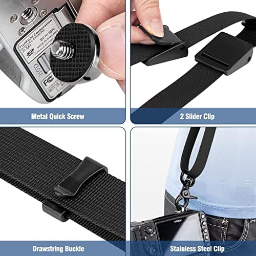 KTUEOV Camera Strap Quick Release, Camera Shoulder Strap Adjustable with Safety Tether Non-slip Wide Nylon Strap 2 Pockets and 2 Retainers, Crossbody Camera Strap Padded for DSLR Camera(Black) — view 6