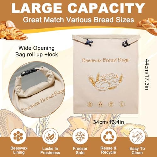 Beeswax Bread Bag for Homemade, Reusable Loaf Beeswax Guard Bag for Sourdough, 17X13 Inch Linen Bees Wax Bread Bags for Keep Fresh, Freezer Safe (Beige 1*button) — view 2