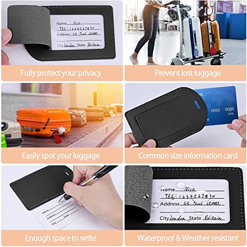 Luggage Tags, 6 Pcs Leather Baggage Labels Travel Luggage Tag with Name ID Card Suitcase Labels Tags for Luggage Bags Backpacks Cruise Waterproof Travel Accessories 6 Colors — view 5