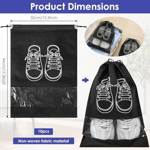 MENIBBLER 10Pcs Shoe Bags Travel Shoe Bag with Semi Transparent Window, Portable Dustproof Walking Boot Bags for Men and Women Reusable Drawstring Shoes Pouch for Packing in Luggage(Black) — view 2