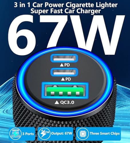 Apple MFi Certified iPhone 17 Car Charger 3Port 67W USB-C&USB-A Car Charger — view 3
