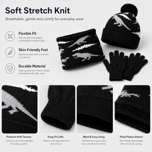 EOAMGO Kids Winter Hat Scarf and Gloves Set 3Pcs, Boys Girls Thermal Knitted Beanie Hat Snood Neck Warmer Gloves Set, Soft Fleece Lined Winter Accessories for Children Age 2-7 (black) — view 4