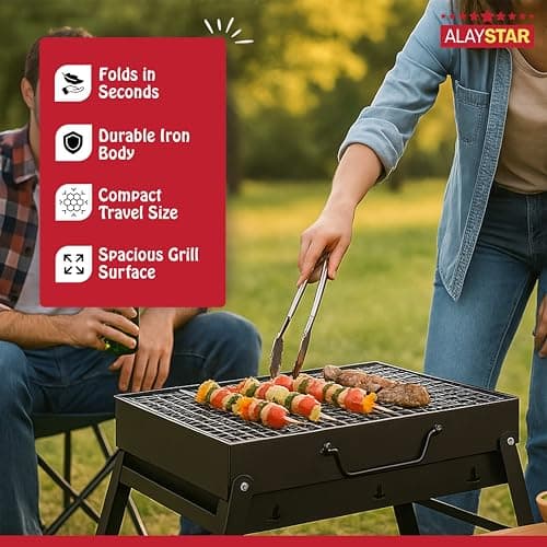 ALAYSTAR Portable Folding Charcoal BBQ Grill for Camping, Picnics, Garden & Outdoor Parties Compact Tabletop Design, Durable Iron Construction, Easy Setup & Travel-Friendly Tabletop Barbecue — view 3