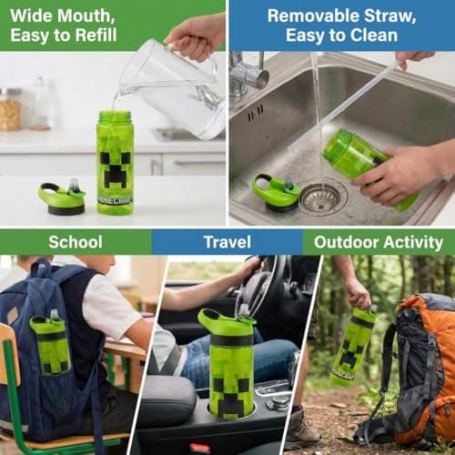 Minecraft Atlantic Creeper Drinks Bottle with Logo | Eco Friendly BPA-free Plastic School Water Bottle with Removable straw, spill Proof | Gift for Minecraft fan | Official Merch 600ML — view 5