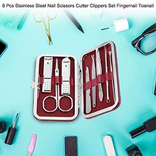 Manicure Set 8 Pcs Stainless Steel Nail Grooming Kit for Men Women with Travel Case Professional Nail Clippers Cuticle Nippers File Buffer Tweezers Orange Stick Red — view 5