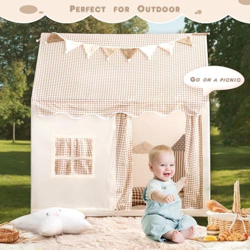Kids Tent Playhouse with Star Lights and Tote Bags, Kids Play Tent Indoor & Outdoor, Washable Teepee Tent for Boys & Girls, Toy House for Toddler, Neutral Color Play Room Furniture (Beige-1) — view 6